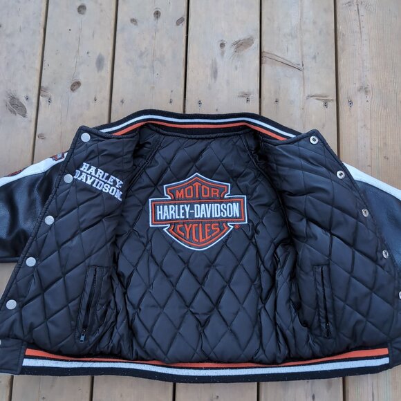 Harley Davidson Bomber Jacket Boys Grey Motorcycle Reversible Leather Sleeve - Picture 4 of 7